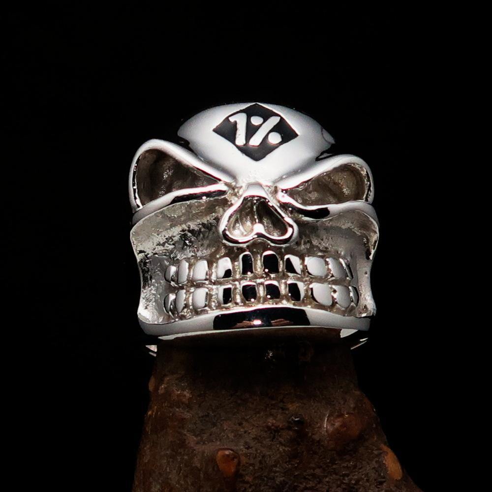 Excellent Crafted Men's Outlaw Black 1% er Gnome Skull Ring made of sterling silver with black enamel finish, showcasing a gnome skull design.