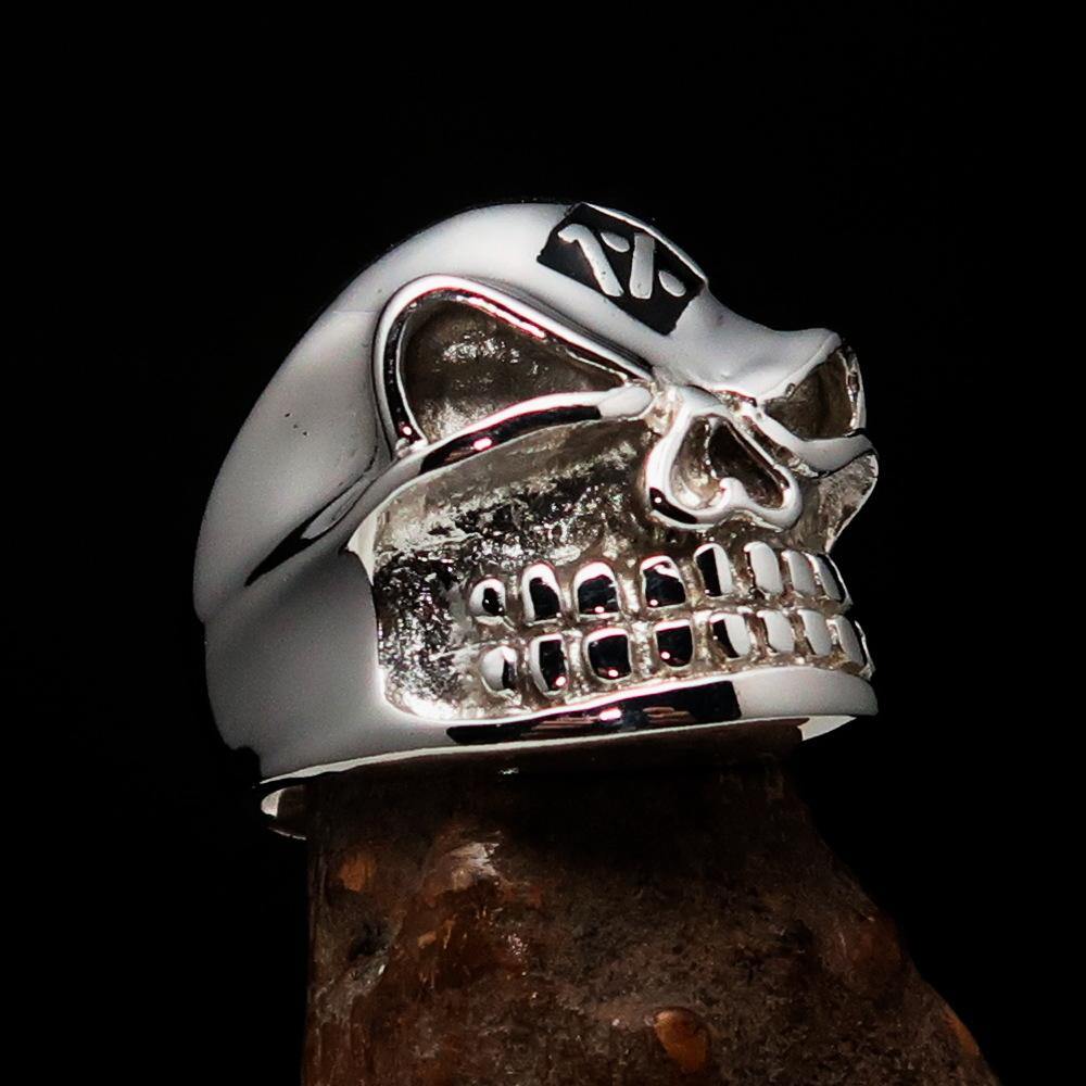 Excellent Crafted Men's Outlaw Black 1% er Gnome Skull Ring made of sterling silver with black enamel finish, showcasing a gnome skull design.