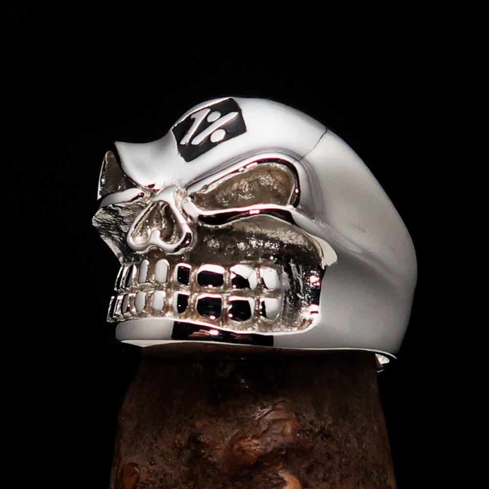 Excellent Crafted Men's Outlaw Black 1% er Gnome Skull Ring made of sterling silver with black enamel finish, showcasing a gnome skull design.