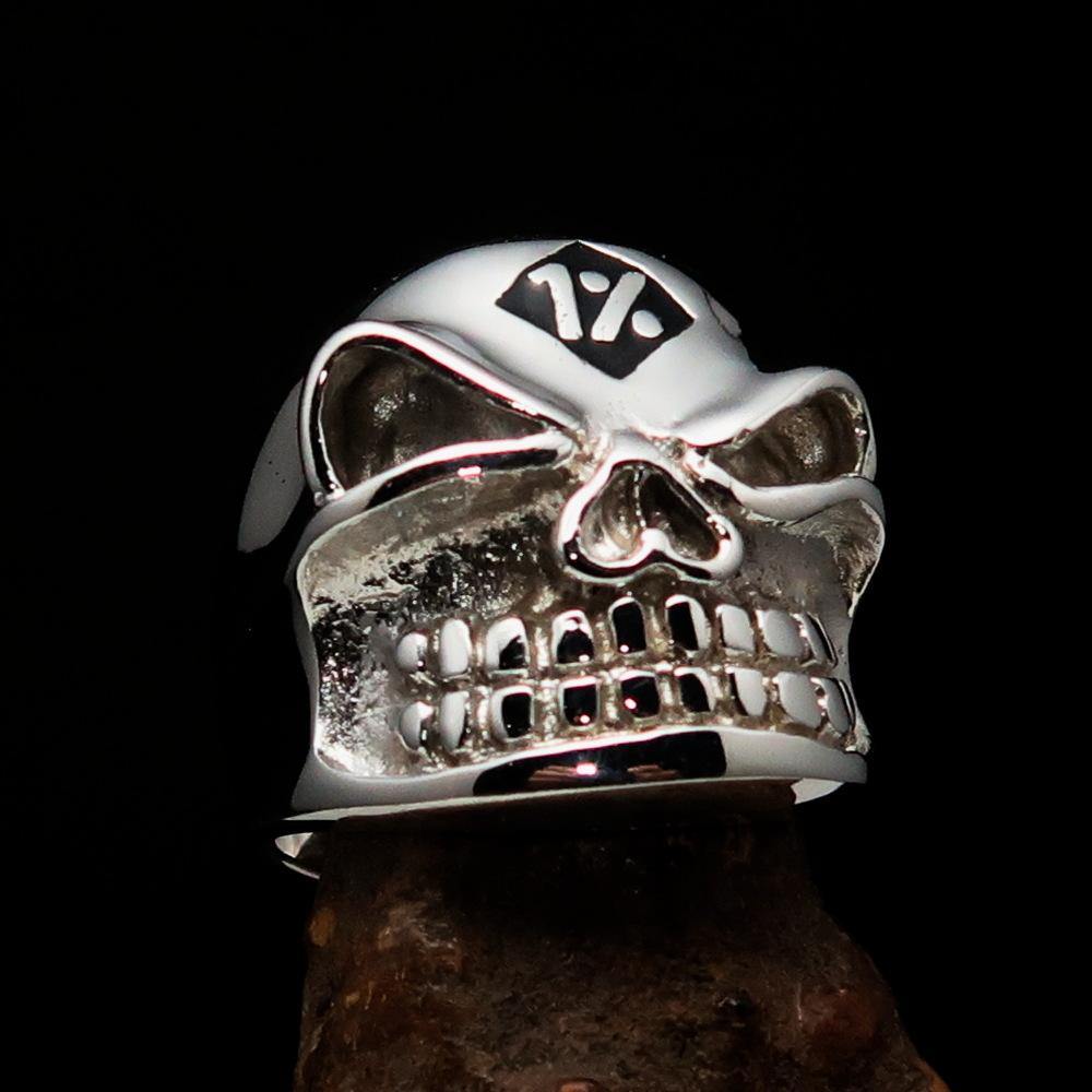 Excellent Crafted Men's Outlaw Black 1% er Gnome Skull Ring made of sterling silver with black enamel finish, showcasing a gnome skull design.