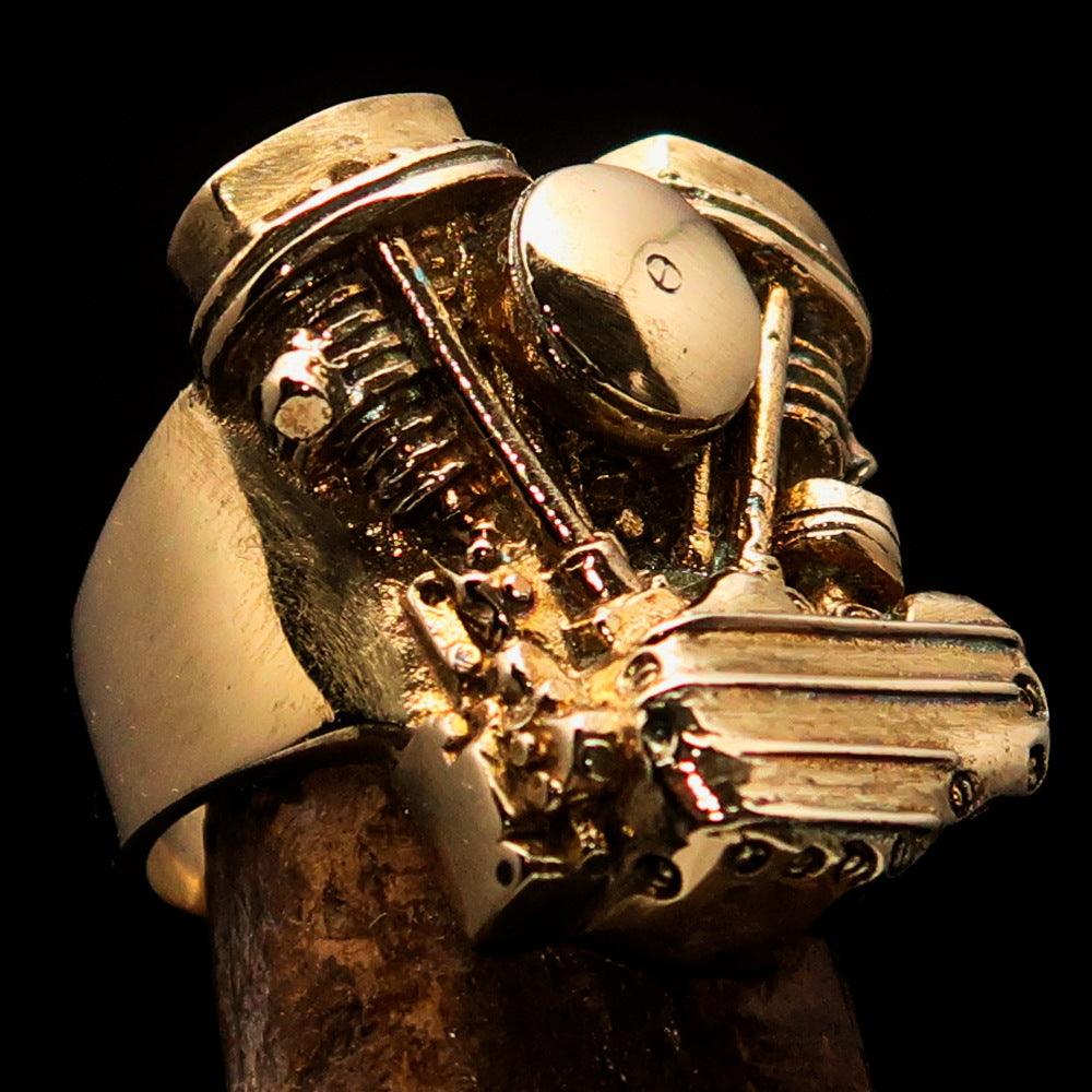 Men's Panhead Engine Biker Ring made of solid brass, featuring a high polished and antiqued finish, showcasing its unique design and craftsmanship.