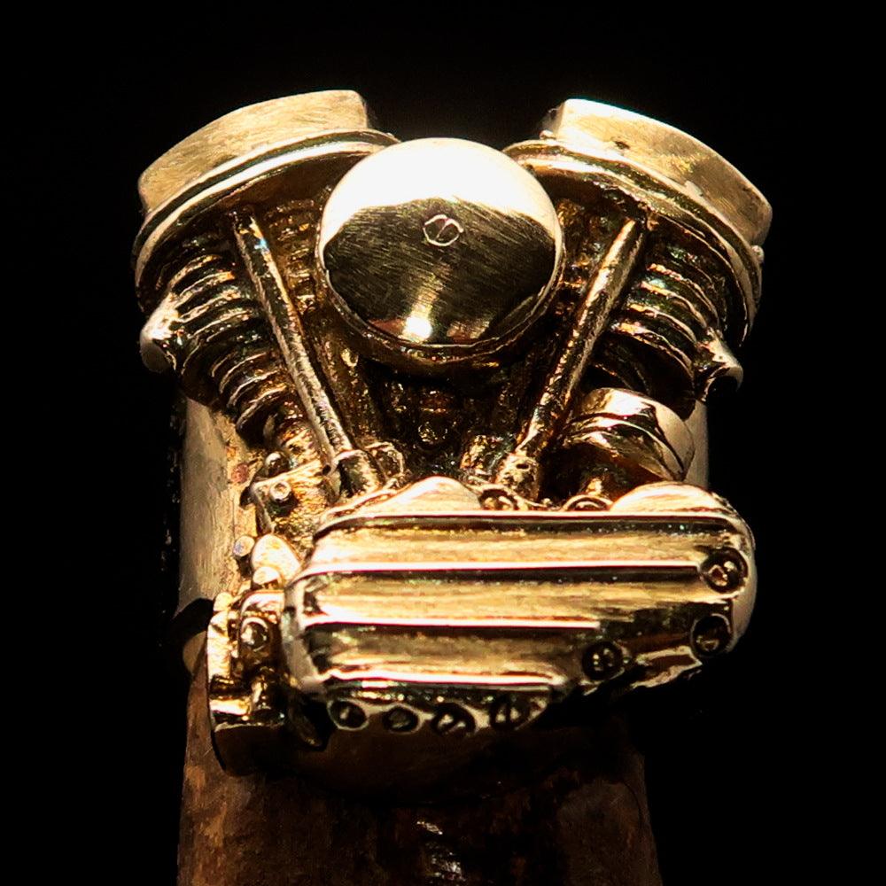 Men's Panhead Engine Biker Ring made of solid brass, featuring a high polished and antiqued finish, showcasing its unique design and craftsmanship.