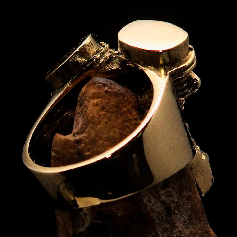 Men's Panhead Engine Biker Ring made of solid brass, featuring a high polished and antiqued finish, showcasing its unique design and craftsmanship.