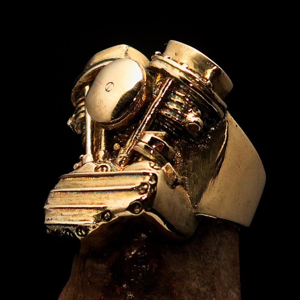 Men's Panhead Engine Biker Ring made of solid brass, featuring a high polished and antiqued finish, showcasing its unique design and craftsmanship.