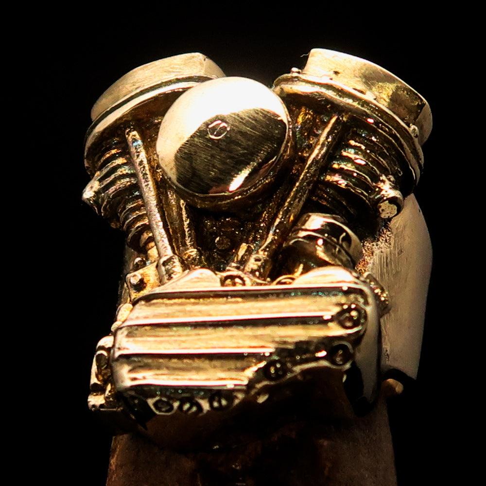 Men's Panhead Engine Biker Ring made of solid brass, featuring a high polished and antiqued finish, showcasing its unique design and craftsmanship.