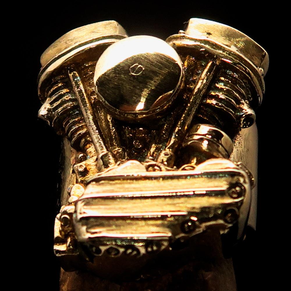 Men's Panhead Engine Biker Ring made of solid brass, featuring a high polished and antiqued finish, showcasing its unique design and craftsmanship.