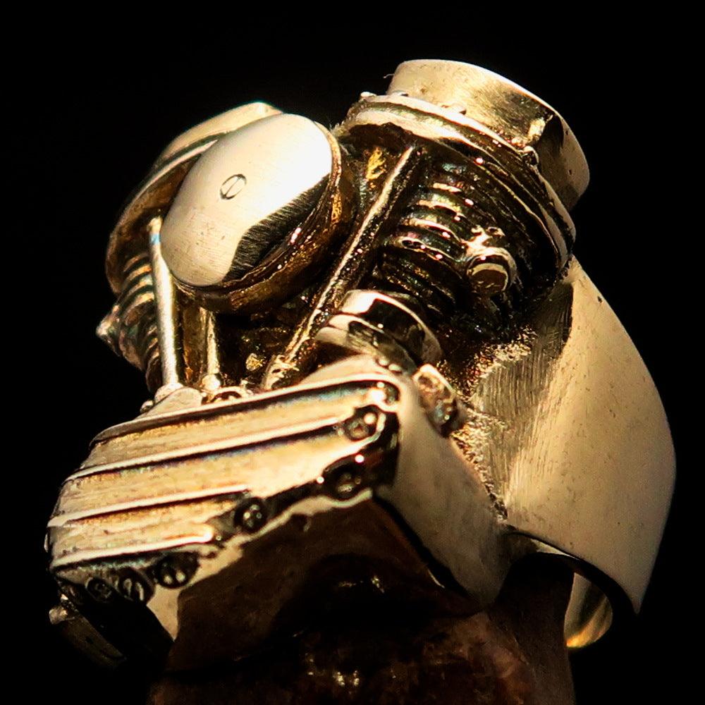 Men's Panhead Engine Biker Ring made of solid brass, featuring a high polished and antiqued finish, showcasing its unique design and craftsmanship.