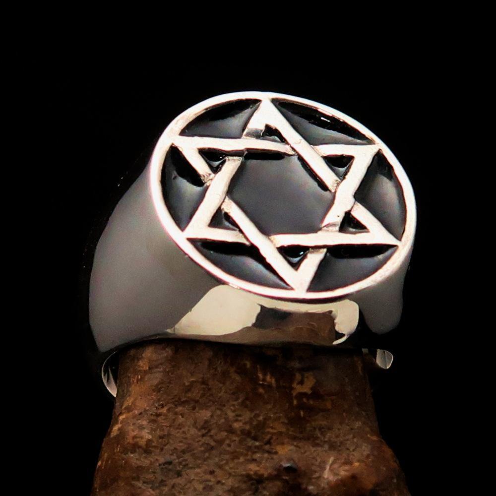 Men's Pinky Ring in solid sterling silver featuring a black Star of David design, high polished with enamel finish.