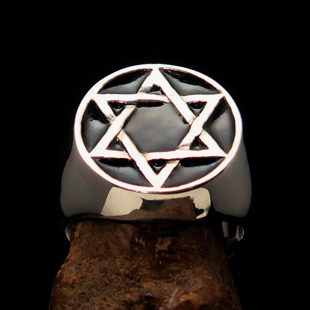 Men's Pinky Ring in solid sterling silver featuring a black Star of David design, high polished with enamel finish.