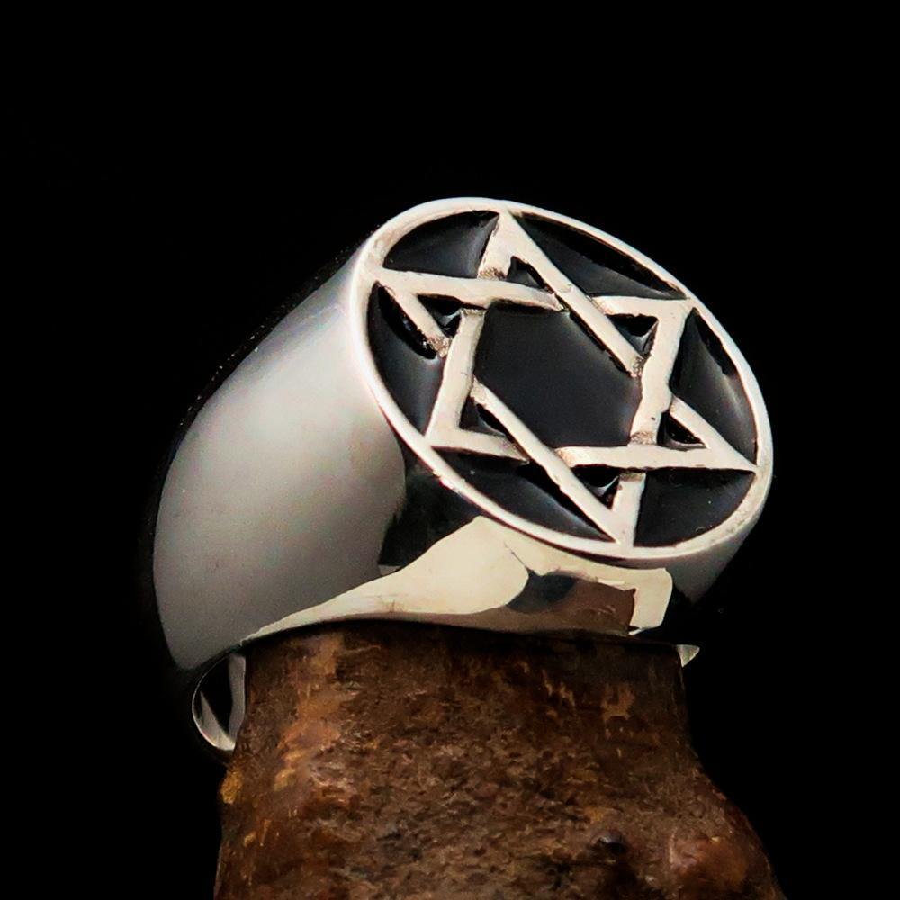 Men's Pinky Ring in solid sterling silver featuring a black Star of David design, high polished with enamel finish.