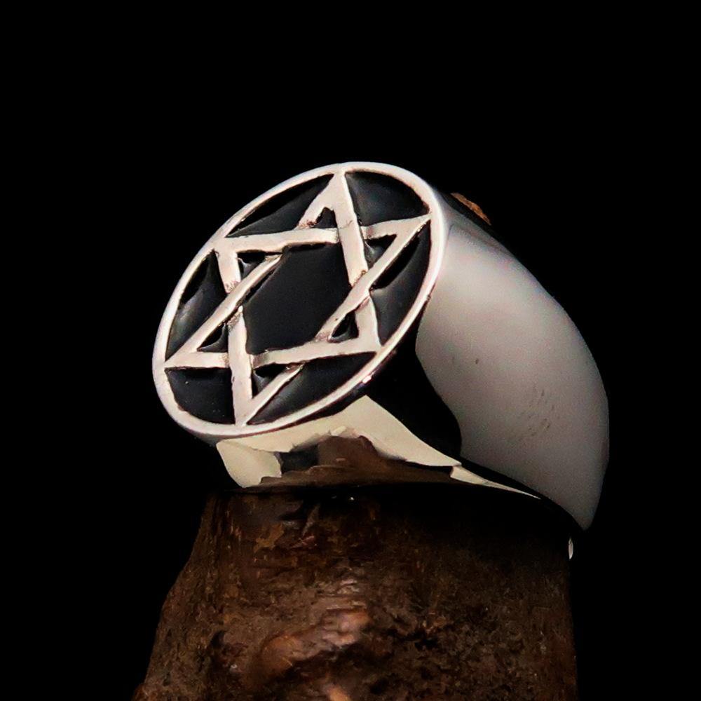 Men's Pinky Ring in solid sterling silver featuring a black Star of David design, high polished with enamel finish.