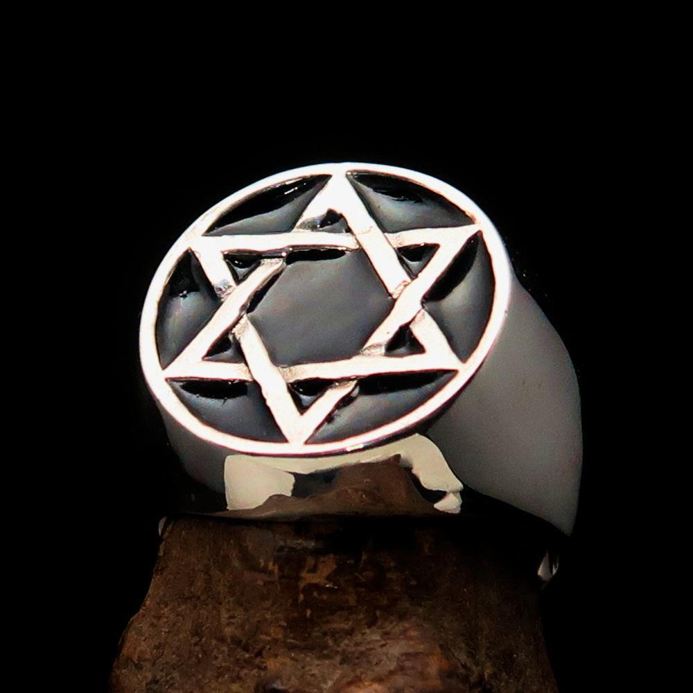 Men's Pinky Ring in solid sterling silver featuring a black Star of David design, high polished with enamel finish.