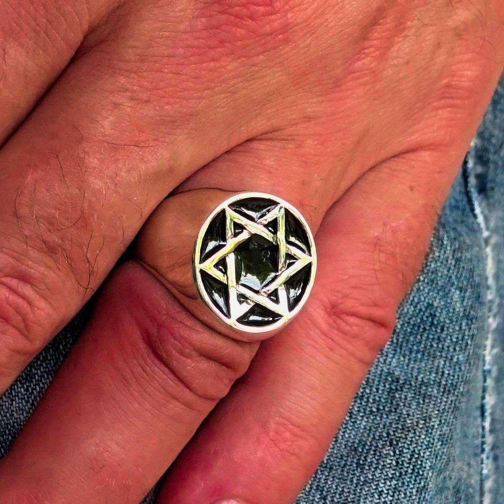 Men's Pinky Ring in solid sterling silver featuring a black Star of David design, high polished with enamel finish.