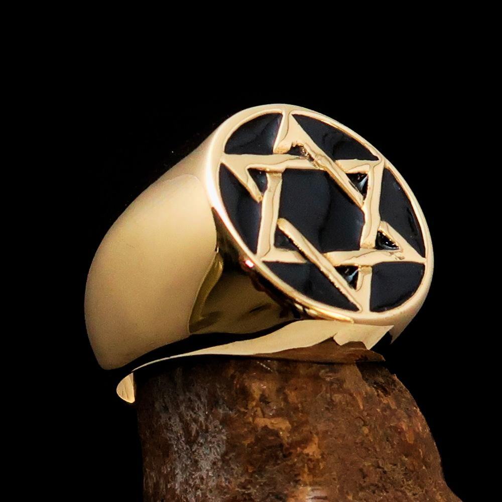 Men's Pinky Ring featuring a Black Star of David, crafted from solid brass with a high polished finish and enamel detailing.