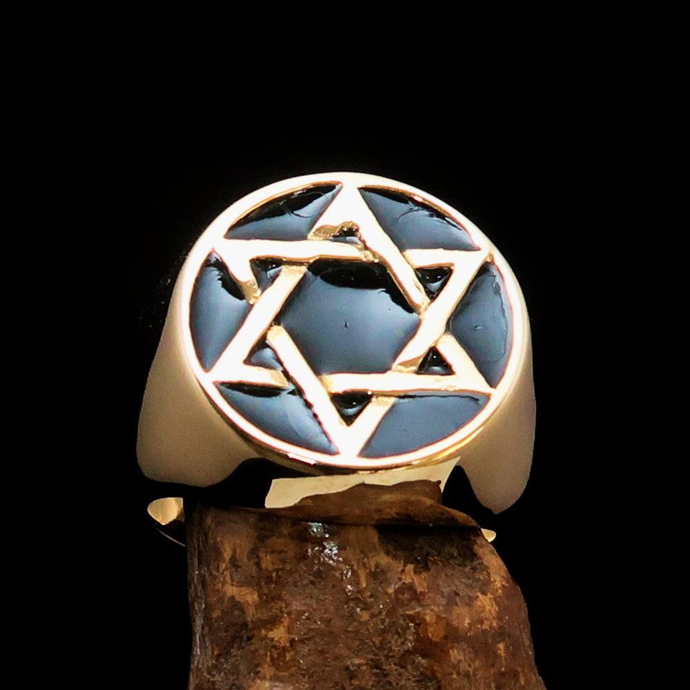 Men's Pinky Ring featuring a Black Star of David, crafted from solid brass with a high polished finish and enamel detailing.