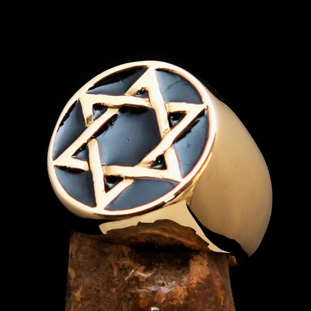 Men's Pinky Ring featuring a Black Star of David, crafted from solid brass with a high polished finish and enamel detailing.