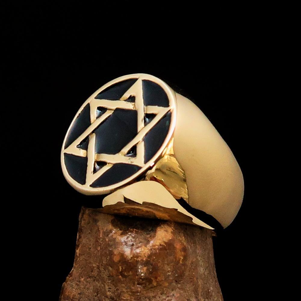 Men's Pinky Ring featuring a Black Star of David, crafted from solid brass with a high polished finish and enamel detailing.