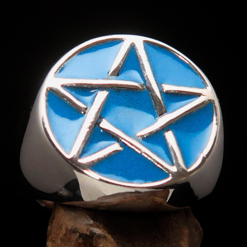 Men's Pinky Ring in Sterling Silver featuring a Blue Pentagram design, polished finish, and solid back.