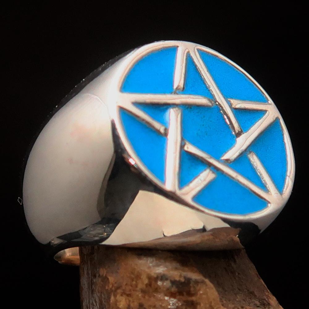 Men's Pinky Ring in Sterling Silver featuring a Blue Pentagram design, polished finish, and solid back.