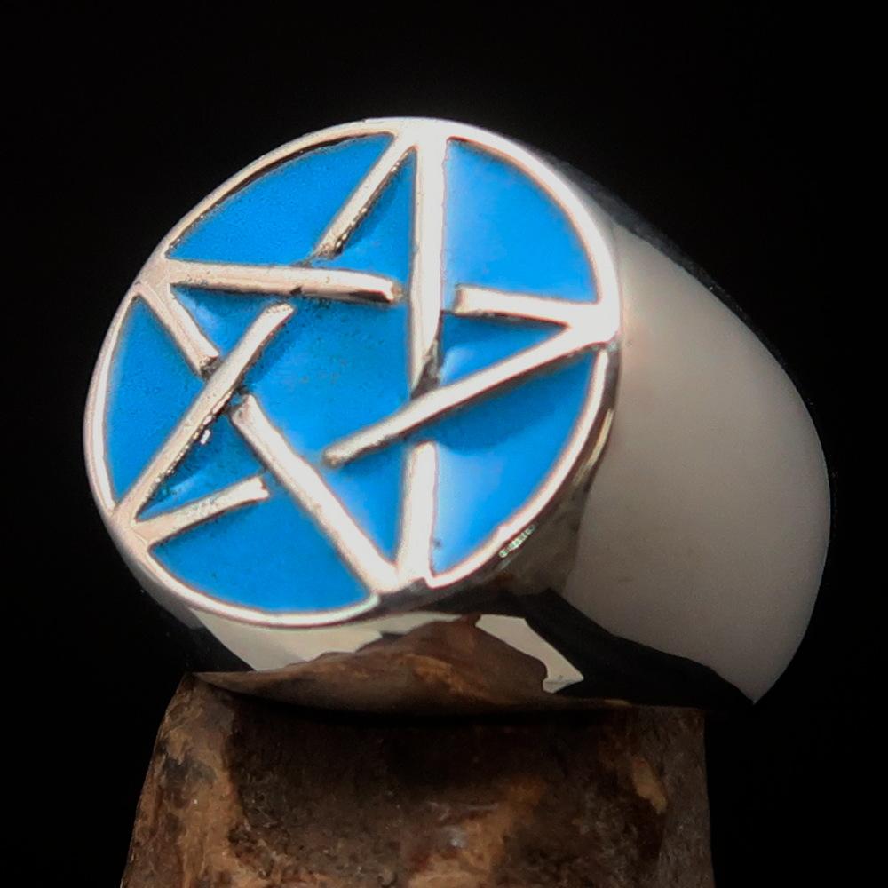 Men's Pinky Ring in Sterling Silver featuring a Blue Pentagram design, polished finish, and solid back.