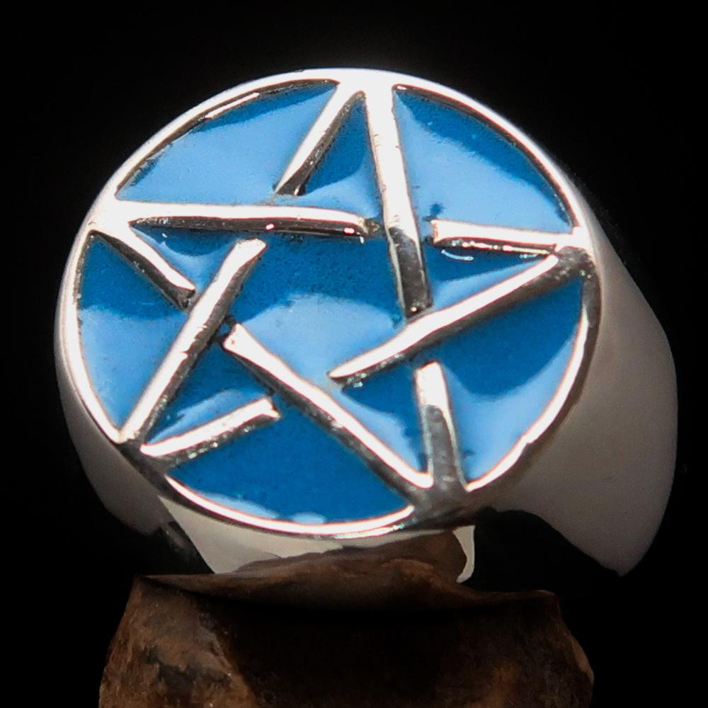 Men's Pinky Ring in Sterling Silver featuring a Blue Pentagram design, polished finish, and solid back.