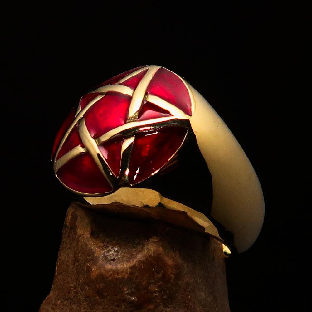 Men's pinky ring made of solid brass featuring a domed red pentagram design, polished finish, and solid back.