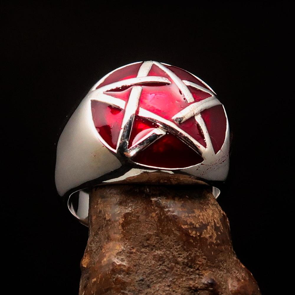 Men's Pinky Ring in sterling silver featuring a domed red Pentagram design, polished finish, and hallmarked 925 for authenticity.