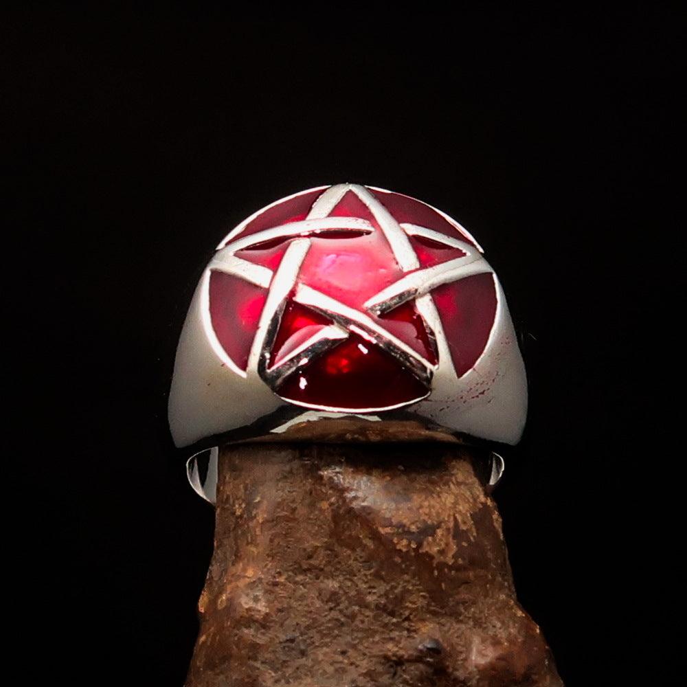 Men's Pinky Ring in sterling silver featuring a domed red Pentagram design, polished finish, and hallmarked 925 for authenticity.