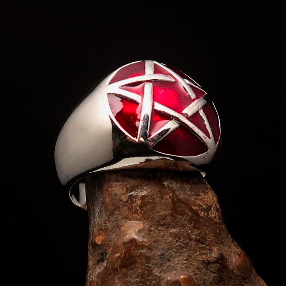 Men's Pinky Ring in sterling silver featuring a domed red Pentagram design, polished finish, and hallmarked 925 for authenticity.