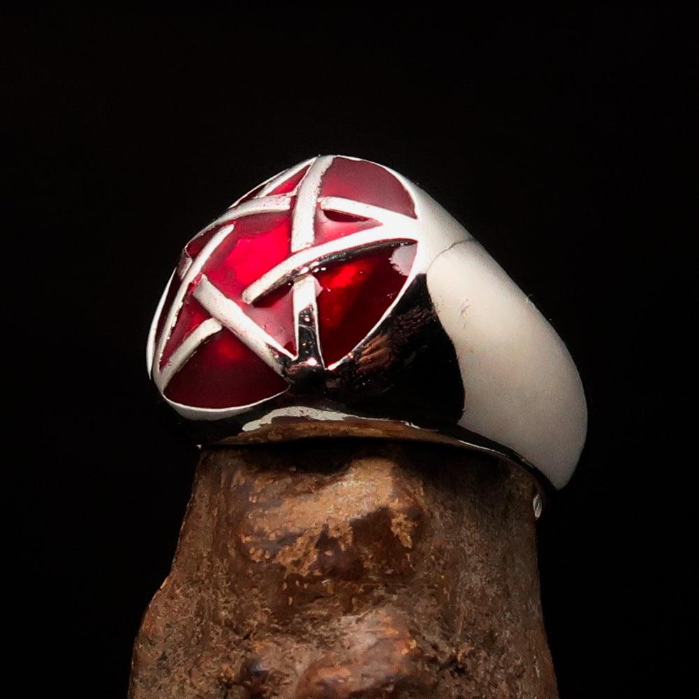 Men's Pinky Ring in sterling silver featuring a domed red Pentagram design, polished finish, and hallmarked 925 for authenticity.