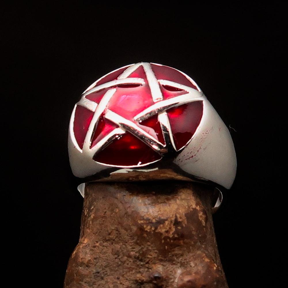 Men's Pinky Ring in sterling silver featuring a domed red Pentagram design, polished finish, and hallmarked 925 for authenticity.