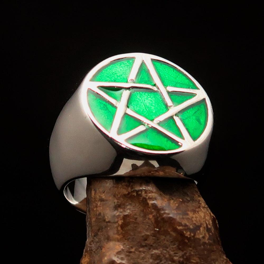 Men's sterling silver pinky ring featuring a green Pentagram design, high polished with enamel finish.