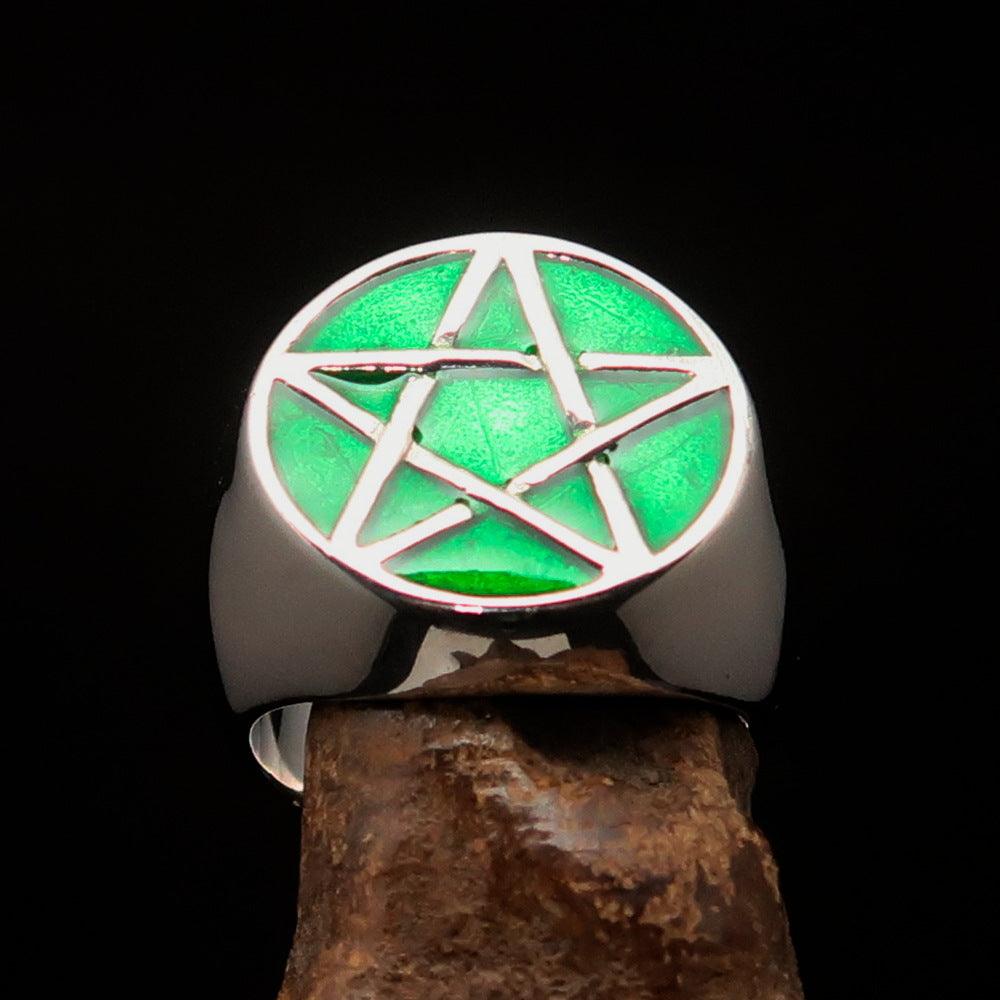 Men's sterling silver pinky ring featuring a green Pentagram design, high polished with enamel finish.