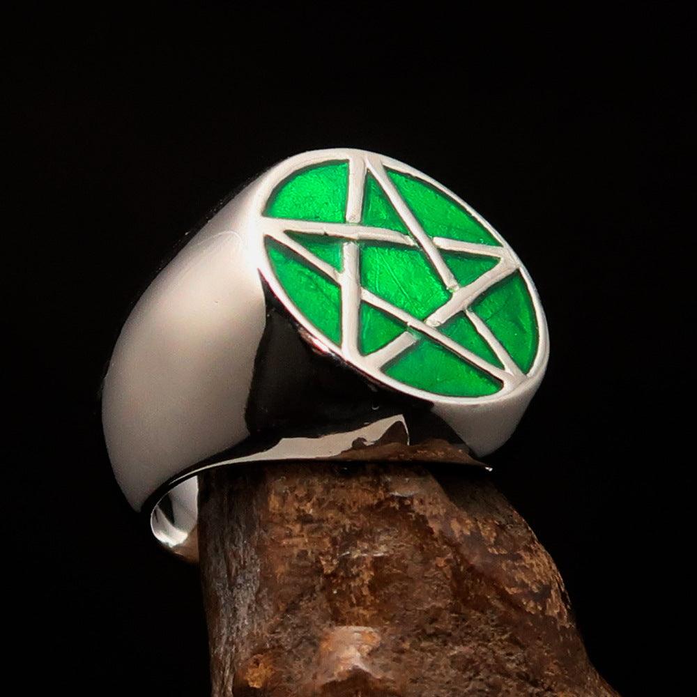 Men's sterling silver pinky ring featuring a green Pentagram design, high polished with enamel finish.