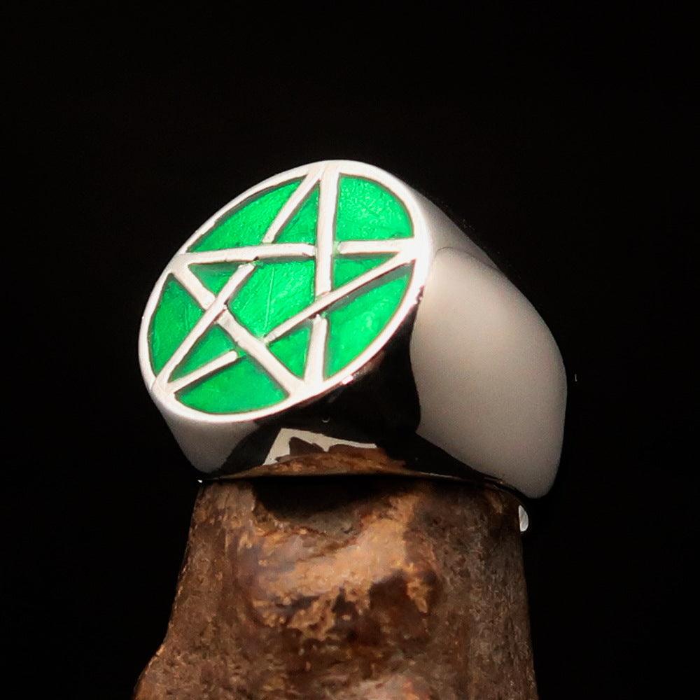 Men's sterling silver pinky ring featuring a green Pentagram design, high polished with enamel finish.