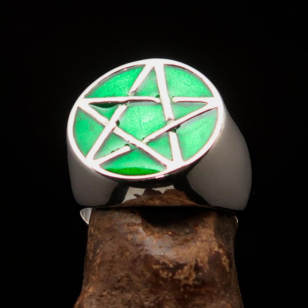 Men's sterling silver pinky ring featuring a green Pentagram design, high polished with enamel finish.