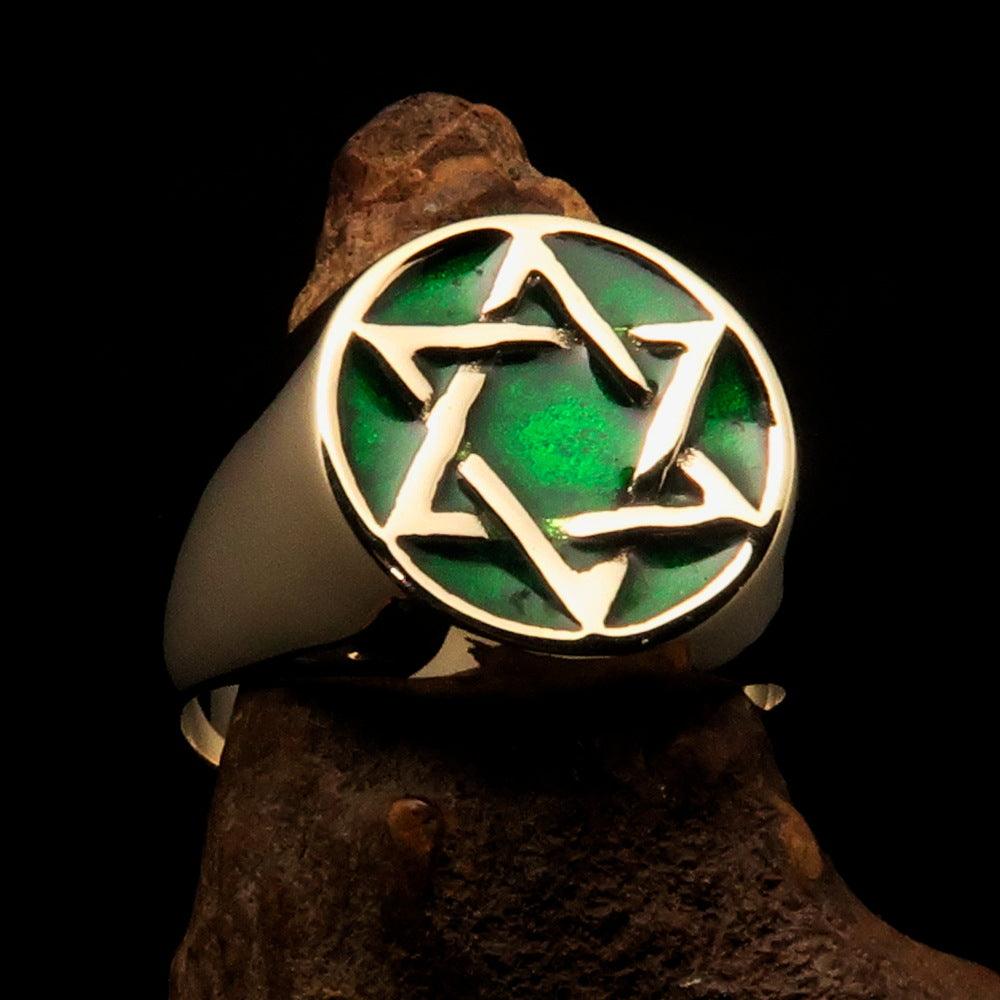 Men's pinky ring made of solid brass featuring a green Star of David, high polished with enamel, showcasing a solid back.