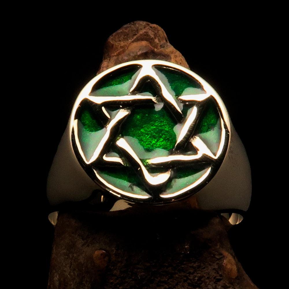 Men's pinky ring made of solid brass featuring a green Star of David, high polished with enamel, showcasing a solid back.