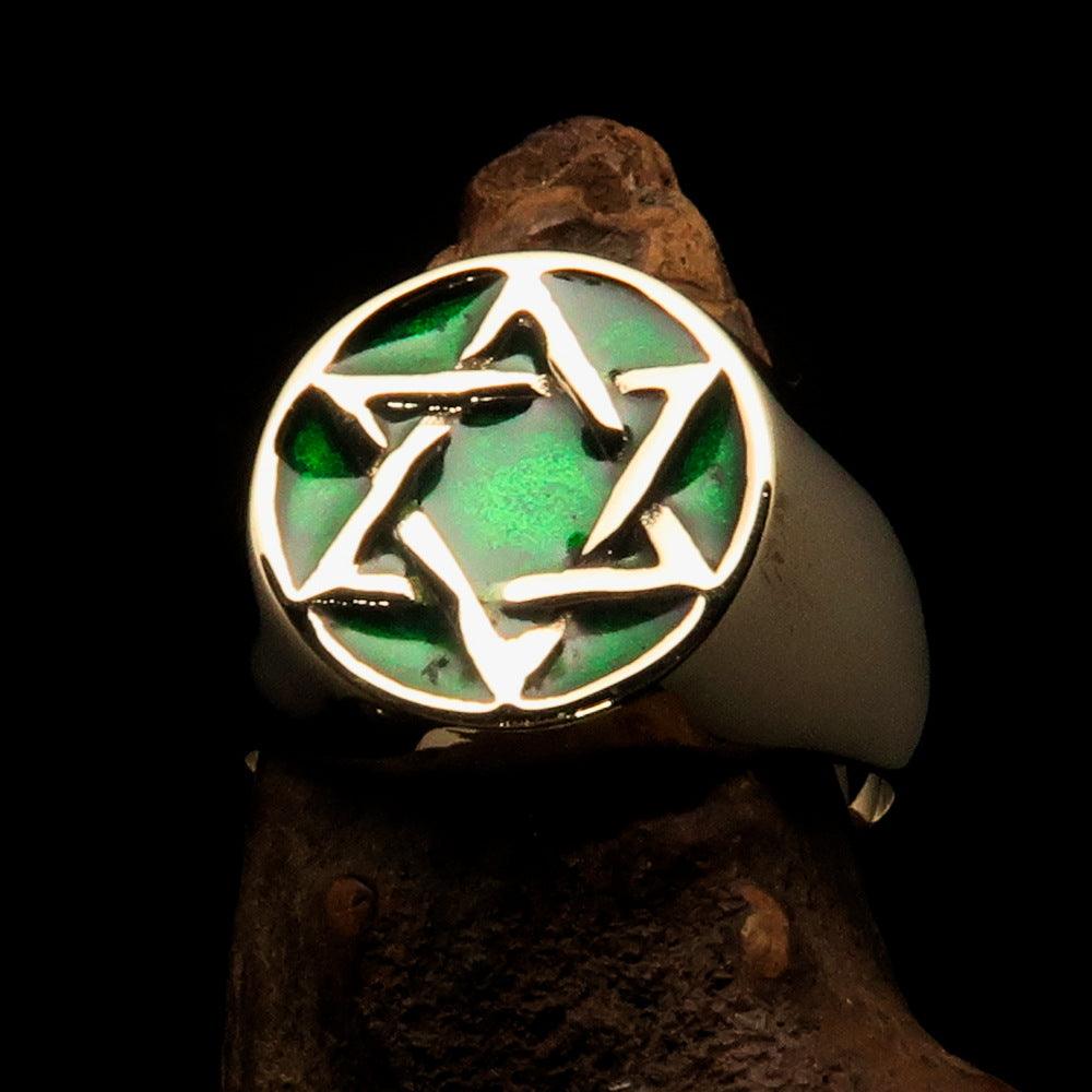 Men's pinky ring made of solid brass featuring a green Star of David, high polished with enamel, showcasing a solid back.