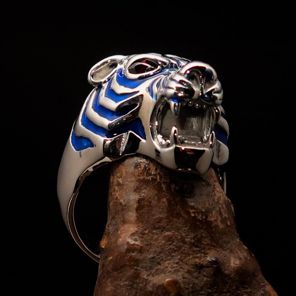 Men's Predator Ring featuring a fierce tiger design with red cubic zirconia eyes and blue enamel stripes, crafted from solid Sterling Silver.