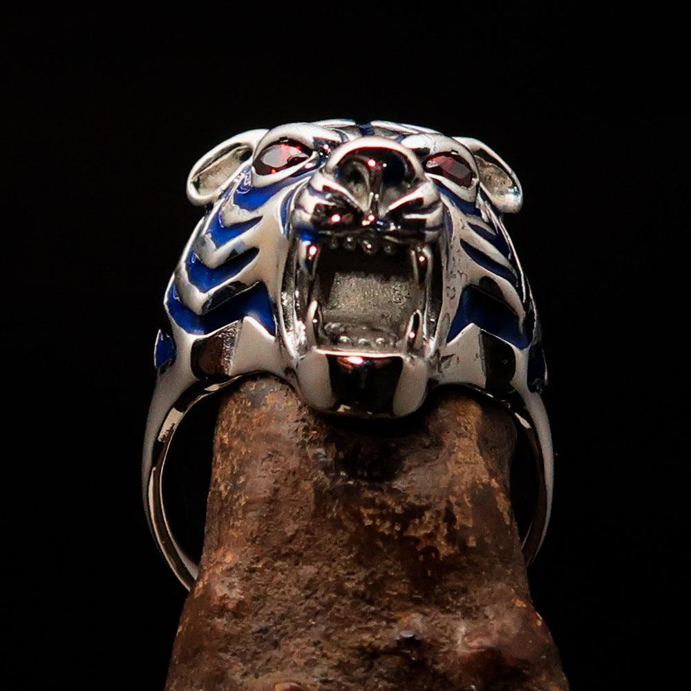 Men's Predator Ring featuring a fierce tiger design with red cubic zirconia eyes and blue enamel stripes, crafted from solid Sterling Silver.