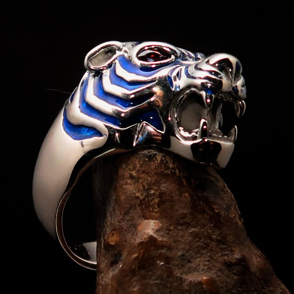 Men's Predator Ring featuring a fierce tiger design with red cubic zirconia eyes and blue enamel stripes, crafted from solid Sterling Silver.