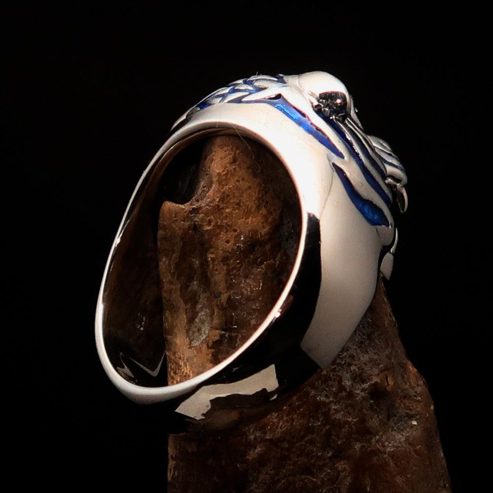 Men's Predator Ring featuring a fierce tiger design with red cubic zirconia eyes and blue enamel stripes, crafted from solid Sterling Silver.