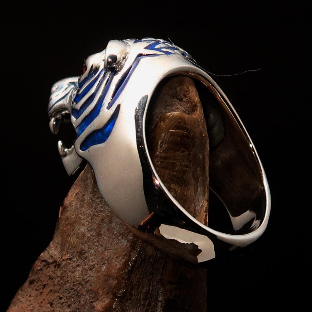 Men's Predator Ring featuring a fierce tiger design with red cubic zirconia eyes and blue enamel stripes, crafted from solid Sterling Silver.