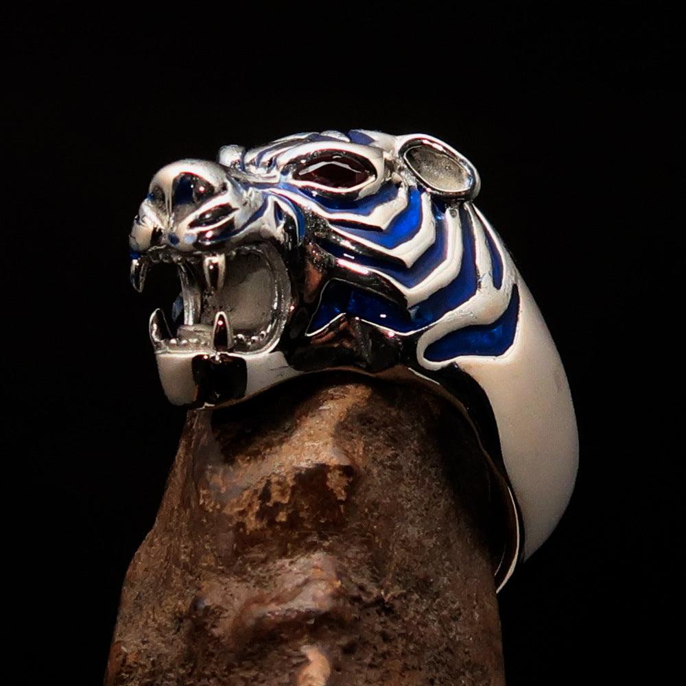 Men's Predator Ring featuring a fierce tiger design with red cubic zirconia eyes and blue enamel stripes, crafted from solid Sterling Silver.