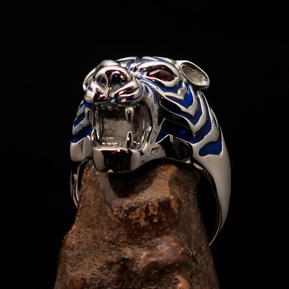 Men's Predator Ring featuring a fierce tiger design with red cubic zirconia eyes and blue enamel stripes, crafted from solid Sterling Silver.