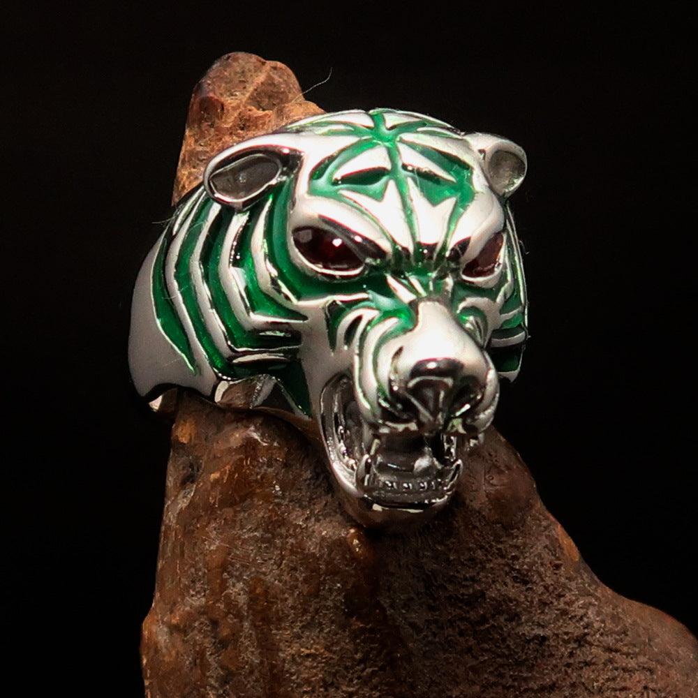 Men's Predator Ring featuring a tiger design with red CZ eyes and green stripes, crafted from Sterling Silver.