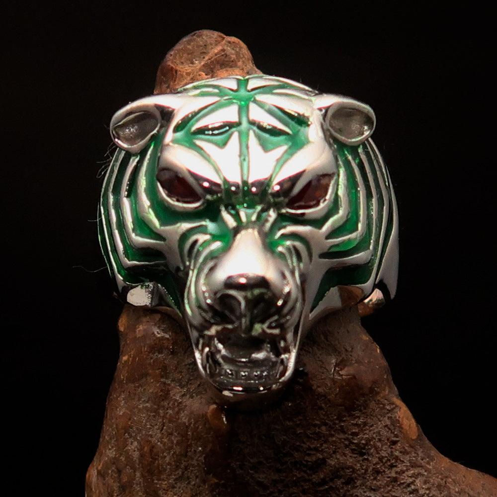 Men's Predator Ring featuring a tiger design with red CZ eyes and green stripes, crafted from Sterling Silver.