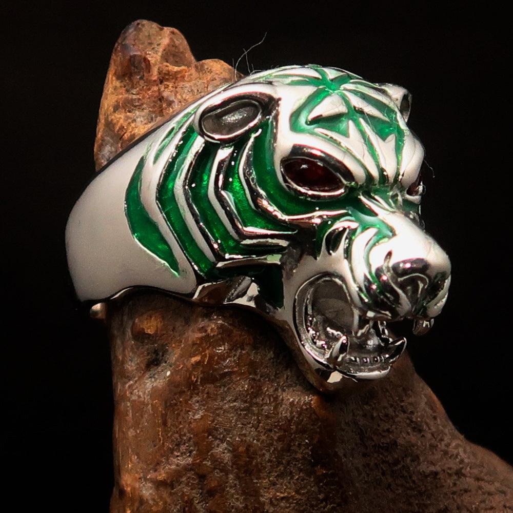 Men's Predator Ring featuring a tiger design with red CZ eyes and green stripes, crafted from Sterling Silver.