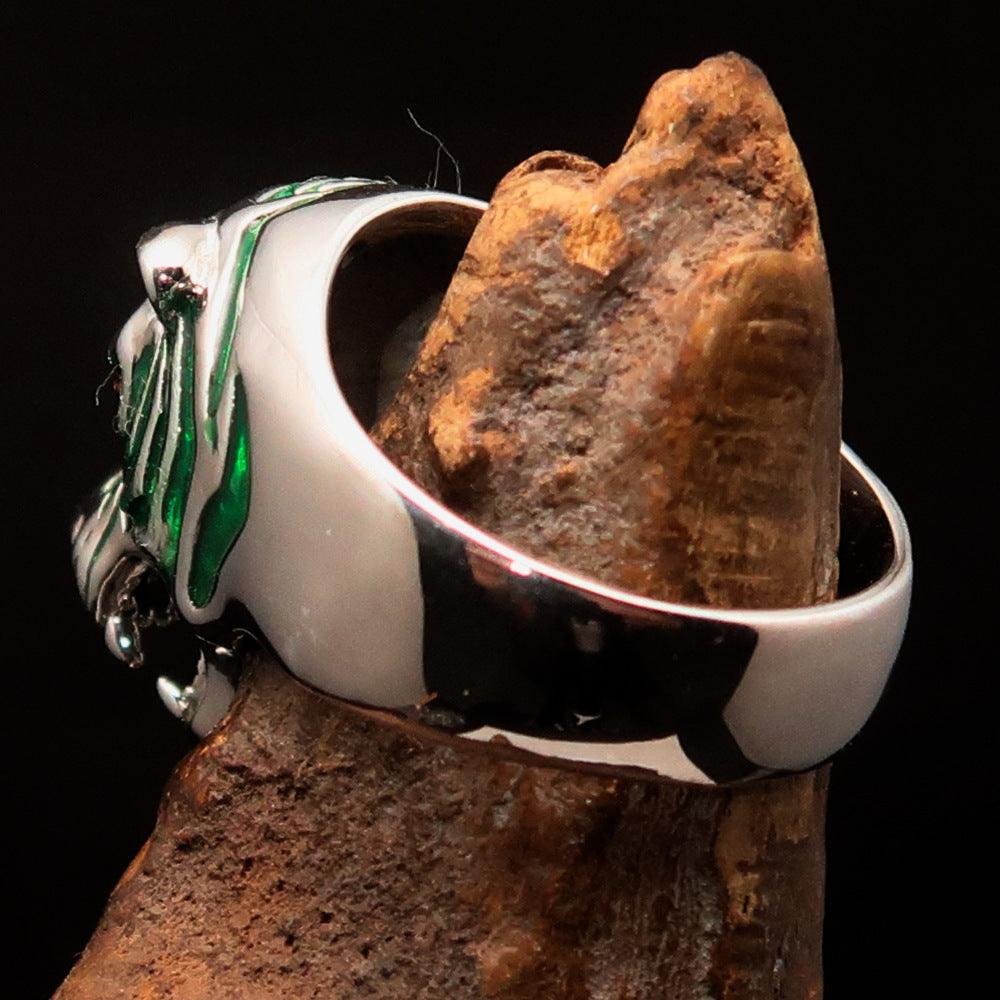 Men's Predator Ring featuring a tiger design with red CZ eyes and green stripes, crafted from Sterling Silver.